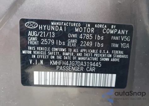2013 Hyundai Azera из США, поврежденный, VIN KMHFH4JG7DA319445